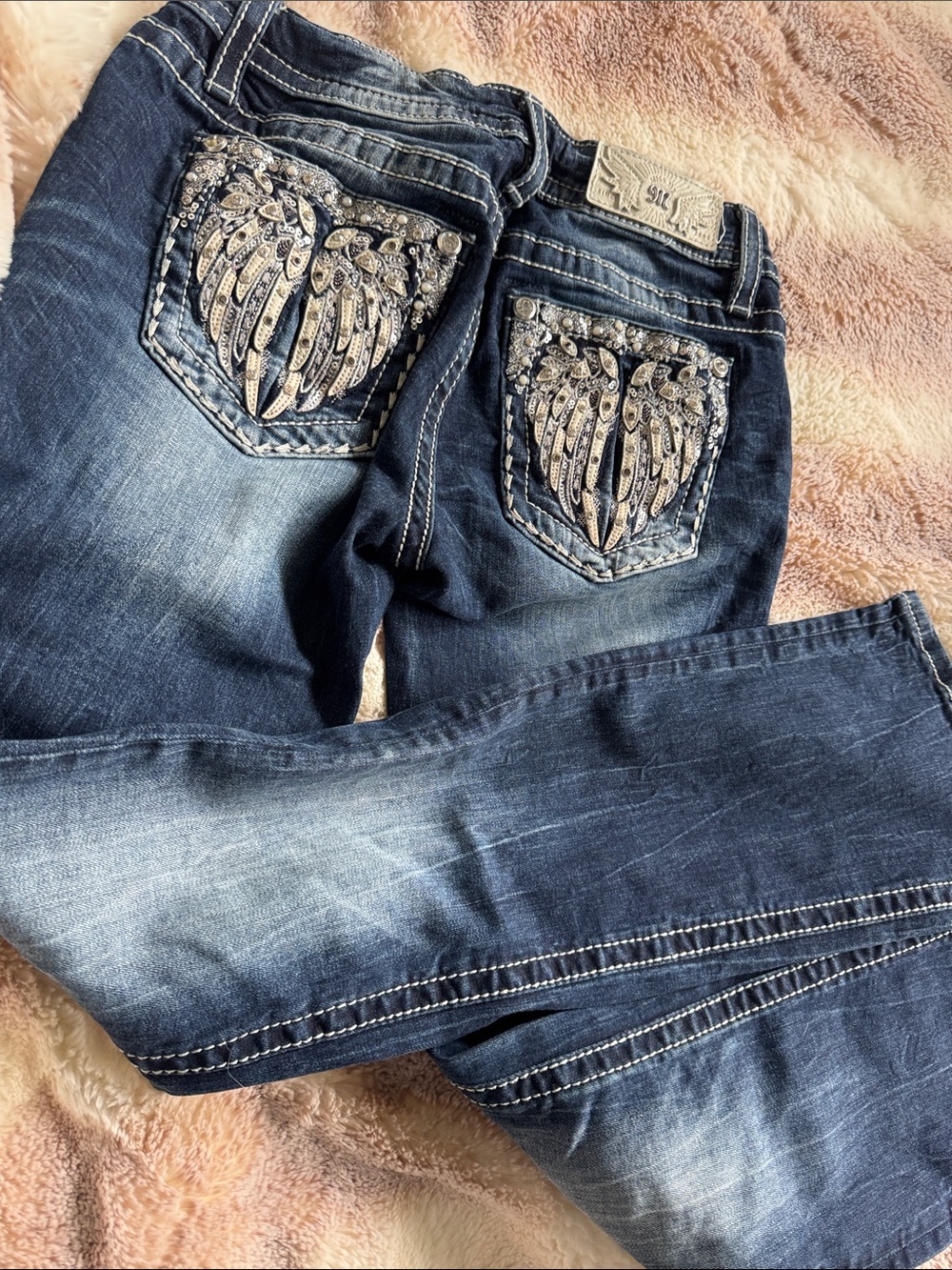 Miss Me Blue Wash Slim Cut Jeans with Embellished Wing Pocket